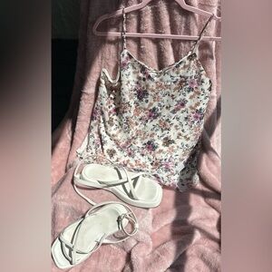 ✨ Floral Satin Cami – Pink & Purple Blossoms – Size L | Closet Blowout ✨